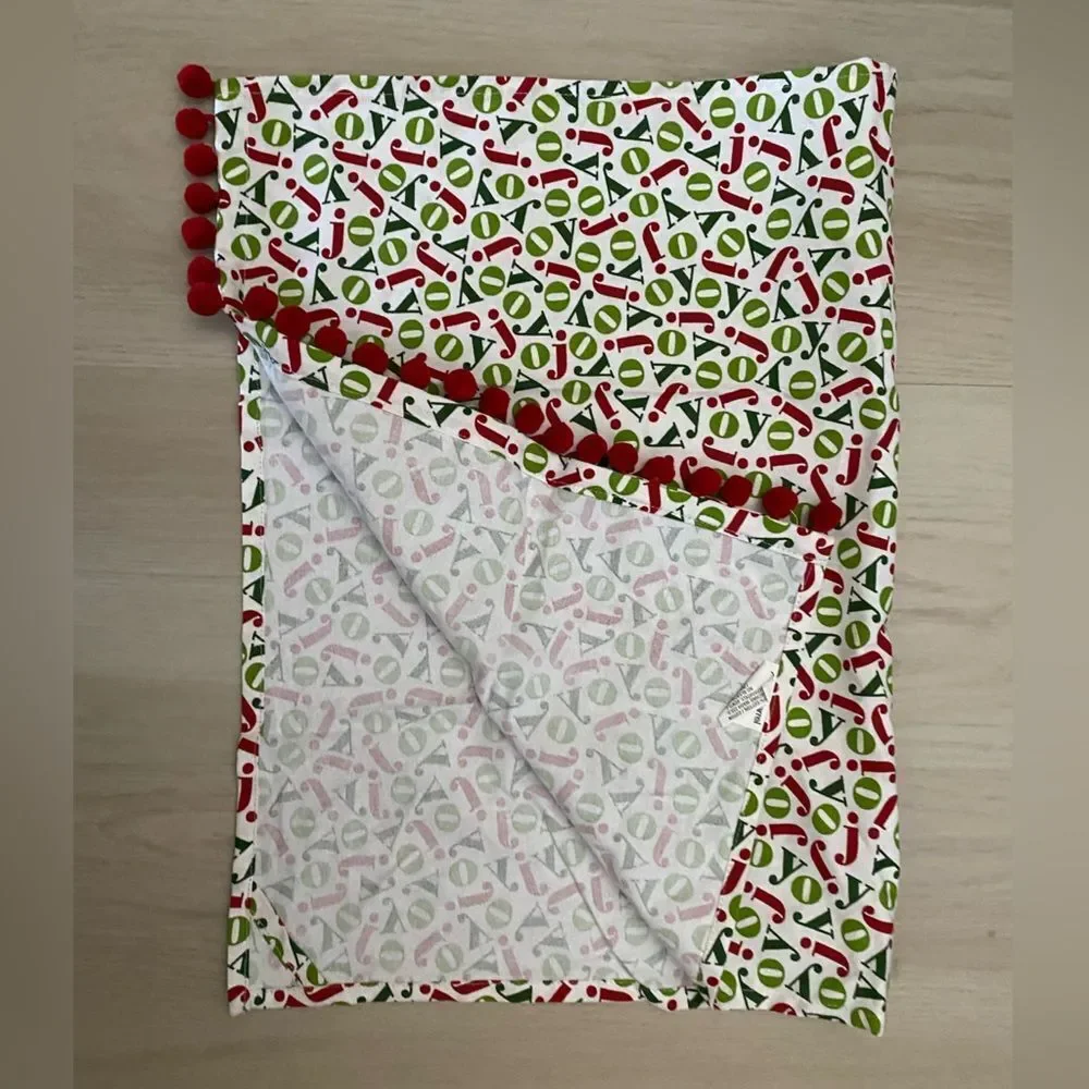 Crate & Barrel Joy Dishtowel with Red and Green Accents with Pom Poms